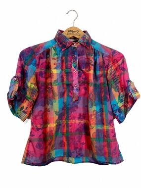 Miss Fashionality Rainbow Tie Dye Floral Plaid Short Sleeve Top XS Vintage 70s